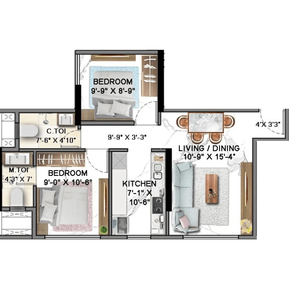 Roha-Vatika-Floor-Plan-Wing-A-2-BHK-535-Sqft